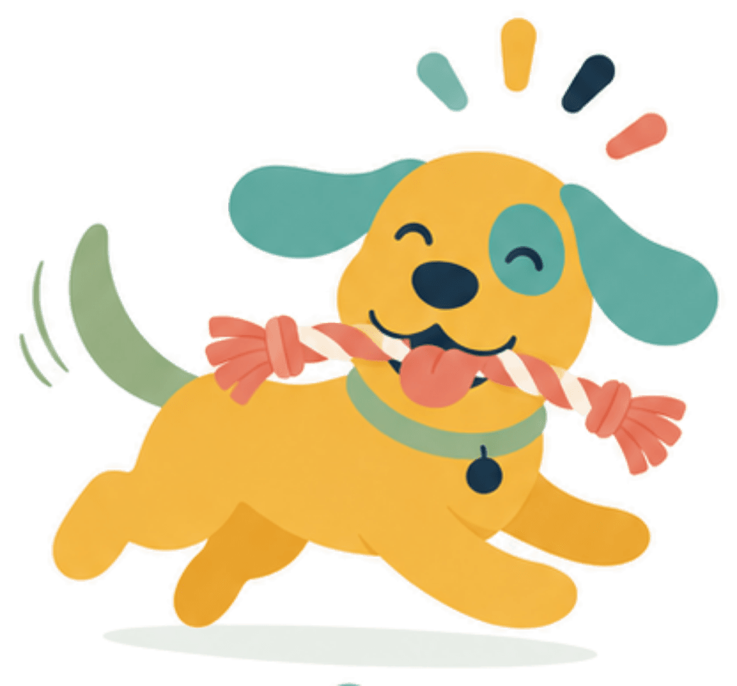 Poko, the Poko Pet mascot, running with a rope toy